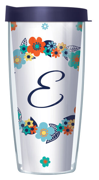 16oz Tumbler - Floral Wreath Cursive Letter "E" Initial w/ Navy Lid 02-FLOLELS2-E