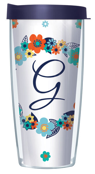 28oz Sport Tumbler - Script Letter G on Floral Wreath w/ Gray Lid ST-FLOLELS2-G