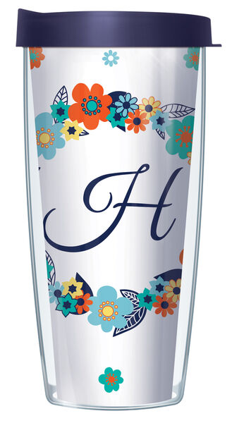 16oz Short Tumbler - Script Letter H on Floral Wreath without lid 01-FLOLELS2-H