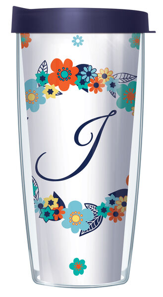 24oz Flareside Tumbler - Script Letter J on Floral Wreath w/ Blue Lid 24F-FLOLELS2-J