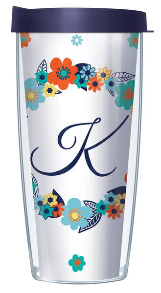 18oz Handle Mug - Script Letter K on Floral Wreath w/ Blue Lid 06-FLOLELS2-K