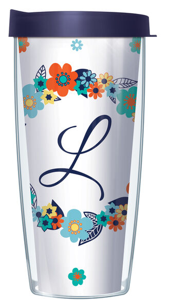 28oz Mega Tumbler - Floral Wreath Cursive Letter "L" Initial w/ Navy Lid H2-FLOLELS2-L