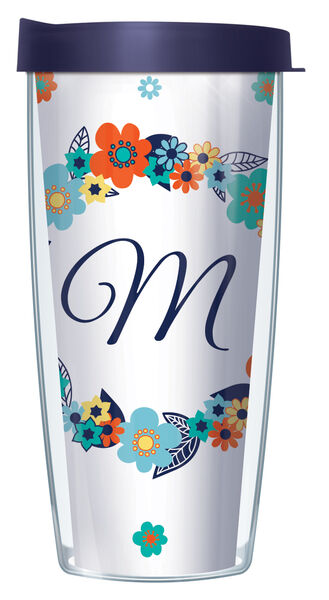 22oz Tumbler - Floral Wreath Cursive Letter "M" Initial w/ Navy Lid 08-FLOLELS2-M