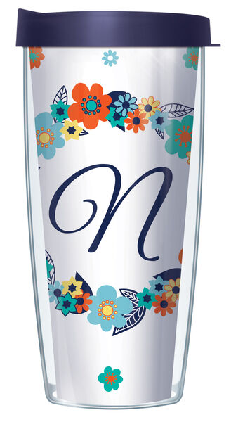 28oz Sport Tumbler - Script Letter N on Floral Wreath w/ Gray Lid ST-FLOLELS2-N