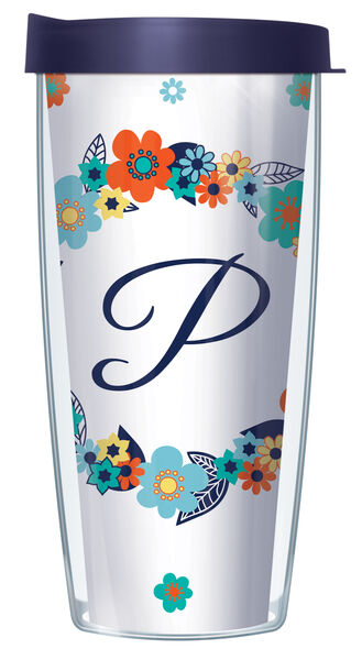 18oz Handle Mug - Script Letter P on Floral Wreath w/ Blue Lid 06-FLOLELS2-P