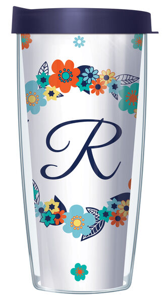 16oz Tumbler - Script Letter R on Floral Wreath w/ Navy Lid 02-FLOLELS2-R