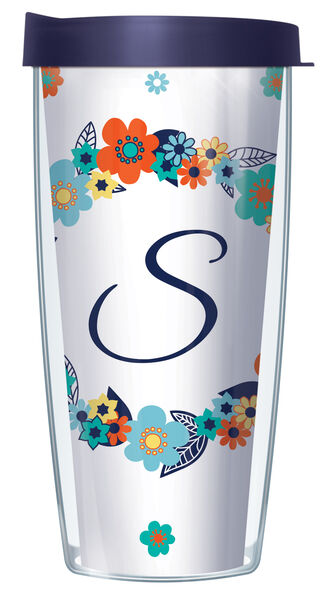 16oz Tumbler - Script Letter S on Floral Wreath w/ Navy Lid 02-FLOLELS2-S