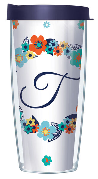 16oz Short Tumbler - Script Letter T on Floral Wreath without lid 01-FLOLELS2-T