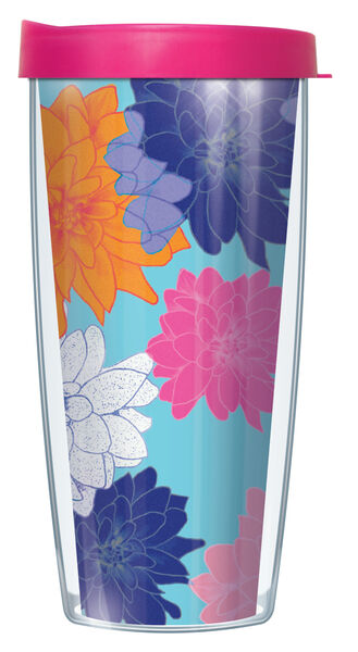 28oz Mega Tumbler - Flowers on Blue w/ Pink Lid H2-FLR