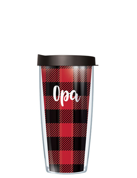 16oz Short Tumbler - Opa on Red and Black Buffalo Plaid without lid 01-GBP-OPA