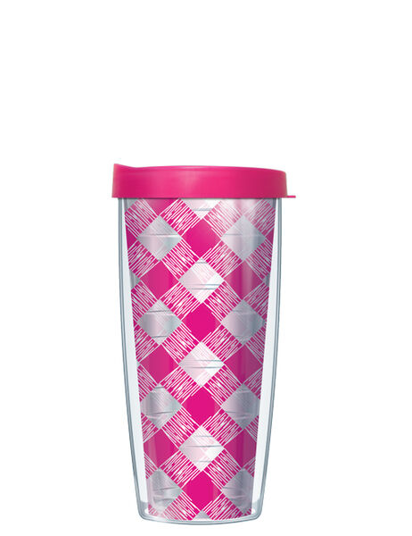 16oz Short Tumbler - Gingham-Pink without lid 01-GIN219