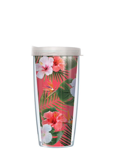 16oz Tumbler - Hibiscus on Coral w/ Clear Lid 02-HIC