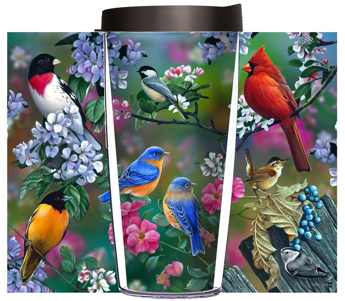 16oz Tumbler - Songbird Garden Collage #2 w/ Red Lid 02-JQ-13707