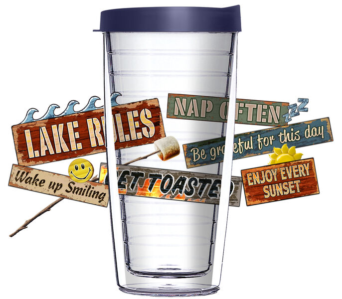 24oz Flareside Tumbler - Lake Rules Signs w/ Blue Lid 24F-JQ-NE-10609