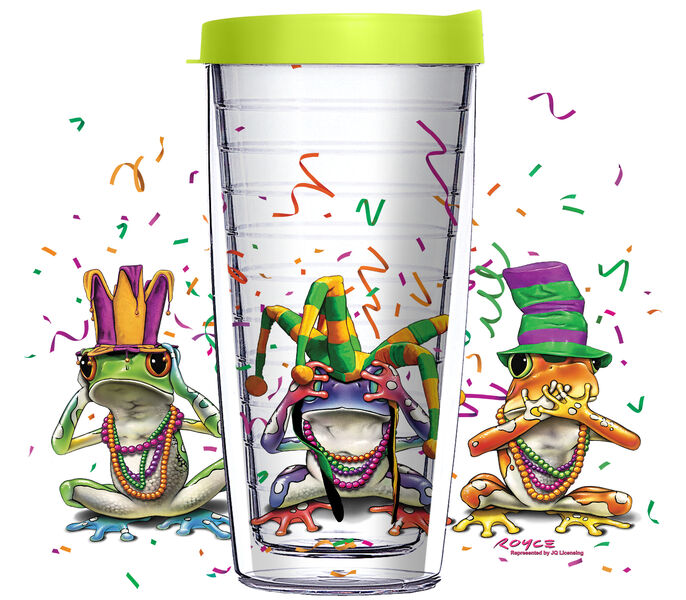 22oz Tumbler - Mardi Gras Frogs w/ Lime Green Lid 08-JQ-RM-1340