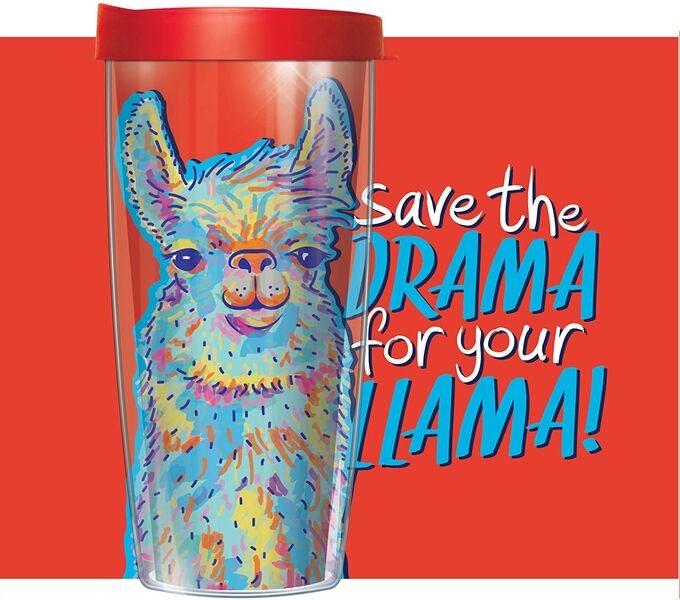 16oz Short Tumbler - Drama Llama on Red without lid 01-LLA179