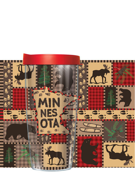 16oz Tumbler - Minnesota Cabin Quilt w/ Red Lid 02-MN6