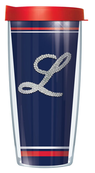 28oz Mega Tumbler - Bling Letter L on Navy Stripe w/ Red Lid H2-NVSB-L