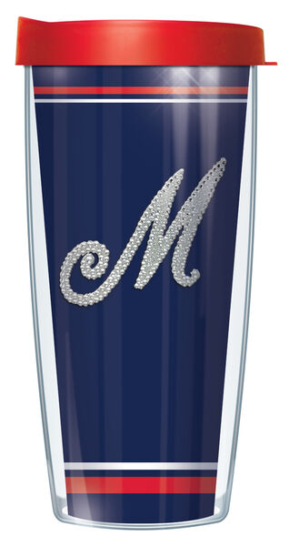 24oz Flareside Tumbler - Bling Letter M on Navy Stripe w/ Red Lid 24F-NVSB-M