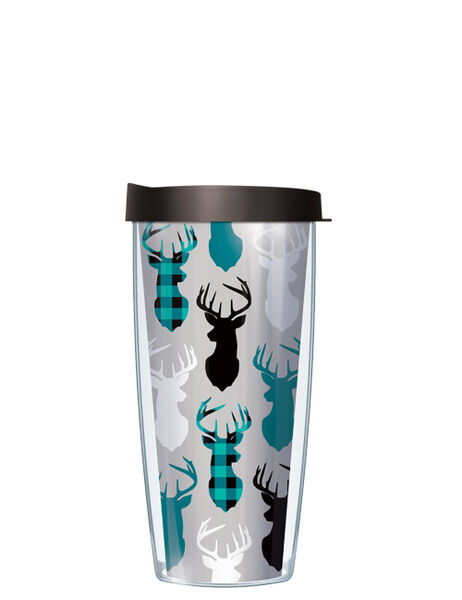 18oz Handle Mug - Plaid Deer Heads w/ Black Lid 06-PLD