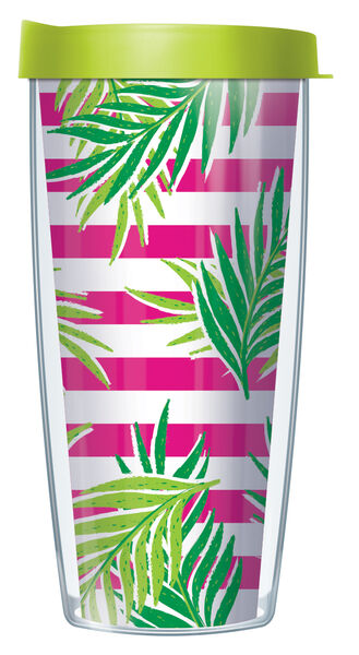 18oz Handle Mug - Palm Leaves on Pink Stripes w/ Black Lid 06-PLV219