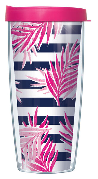 18oz Handle Mug - Palm Leaves on Navy Stripes w/ Pink Lid 06-PLV655