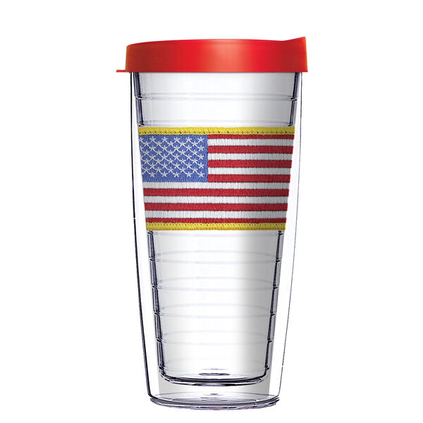 18oz Handle Mug - USA Flag with Gold Trim Patch w/ Black Lid 06-PM0113