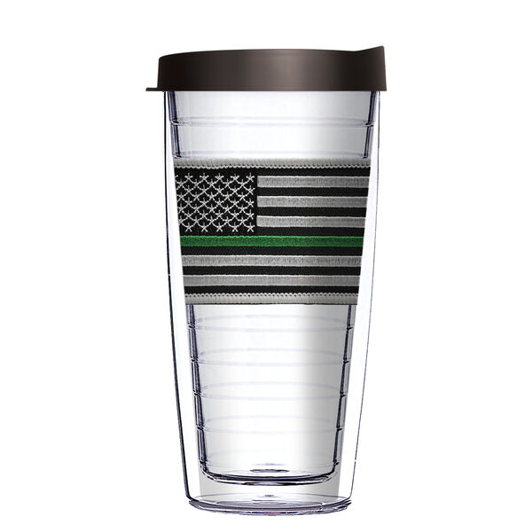 18oz Handle Mug - USA Flag with Military Green Line Patch w/ Black Lid 06-PM3110