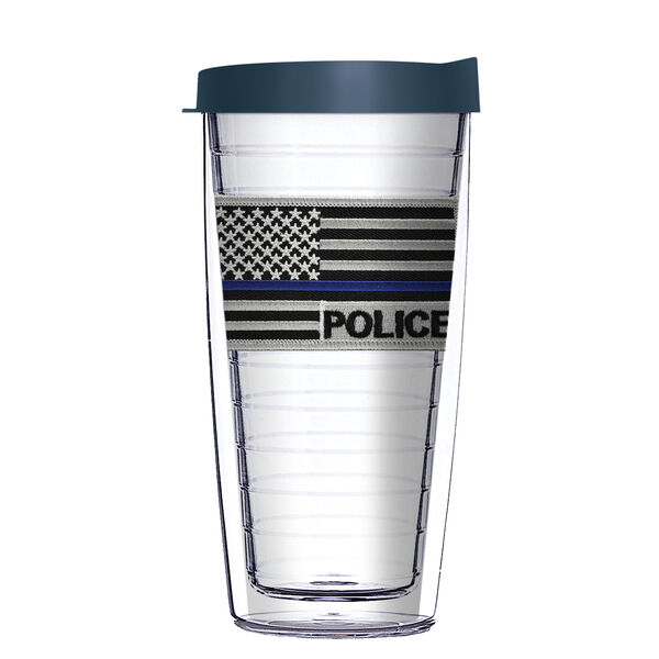 18oz Handle Mug - USA Flag with Police Blue Line Patch w/ Blue Lid 06-PM4064