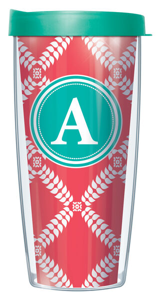 28oz Mega Tumbler - Bold Letter A on Coral Royal Diamonds w/ Teal Lid H2-ROD1785LB-A