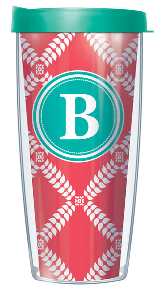 16oz Tumbler - Bold Letter B on Coral Royal Diamonds w/ Teal Lid 02-ROD1785LB-B