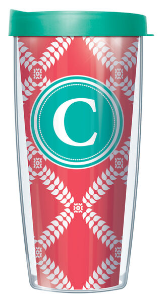 24oz Flareside Tumbler - Bold Letter C on Coral Royal Diamonds w/ Black Lid 24F-ROD1785LB-C