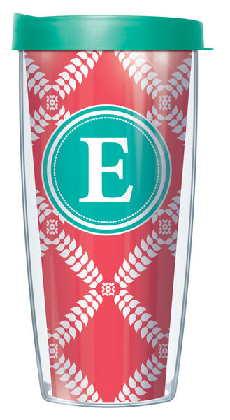 16oz Tumbler - Bold Letter E on Coral Royal Diamonds w/ Teal Lid 02-ROD1785LB-E