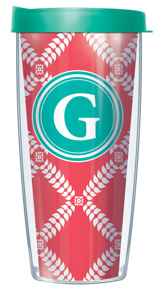 22oz Tumbler - Coral Royal Diamonds "G" On Teal Initial w/ Teal Lid 08-ROD1785LB-G