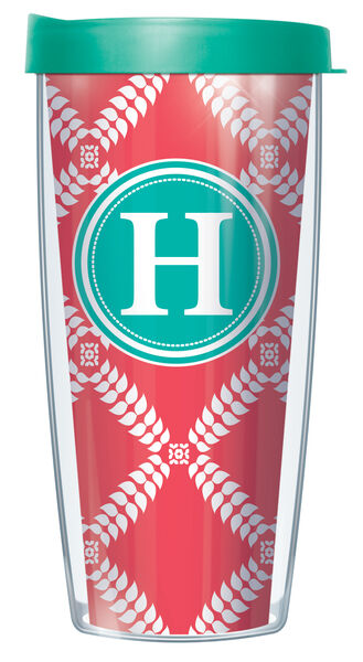 16oz Short Tumbler - Bold Letter H on Coral Royal Diamonds without lid 01-ROD1785LB-H