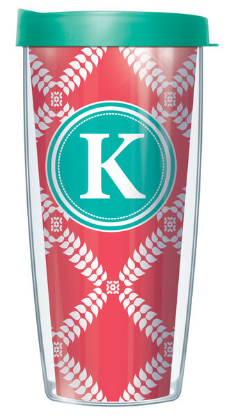 16oz Tumbler - Bold Letter K on Coral Royal Diamonds w/ Teal Lid 02-ROD1785LB-K