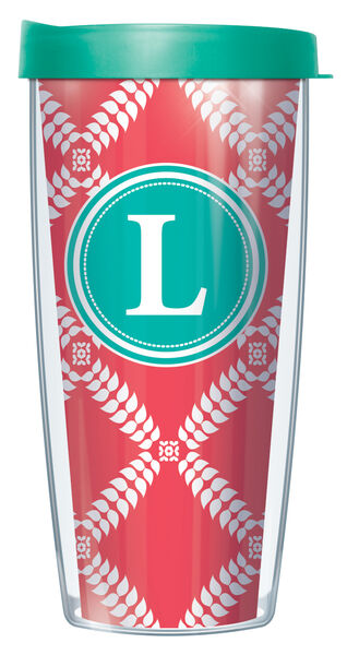 22oz Tumbler - Bold Letter L on Coral Royal Diamonds w/ Teal Lid 08-ROD1785LB-L