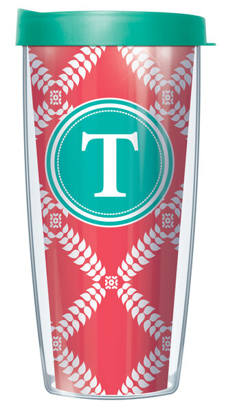 28oz Mega Tumbler - Coral Royal Diamonds "T" On Teal Initial w/ Teal Lid H2-ROD1785LB-T