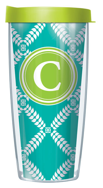 28oz Mega Tumbler - Bold Letter C on Teal Royal Diamonds w/ Lime Green Lid H2-ROD3265LB-C