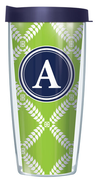 22oz Tumbler - Bold Letter A on Lime Royal Diamonds w/ Navy Lid 08-ROD375LB-A