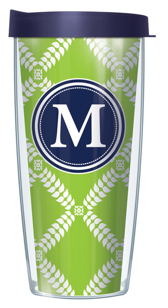 28oz Mega Tumbler - Bold Letter M on Lime Royal Diamonds w/ Navy Lid H2-ROD375LB-M