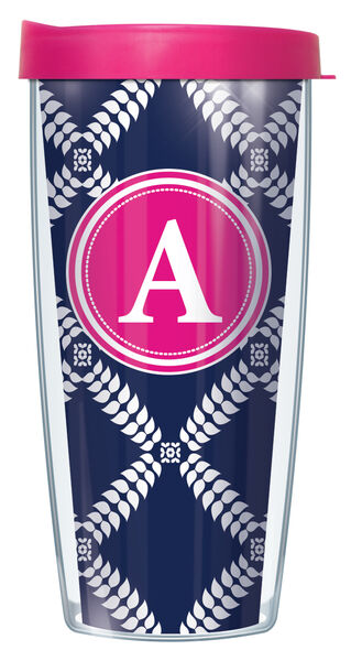 16oz Tumbler - Navy Royal Diamonds "A" Initial On Pink w/ Pink Lid 02-ROD655LB-A