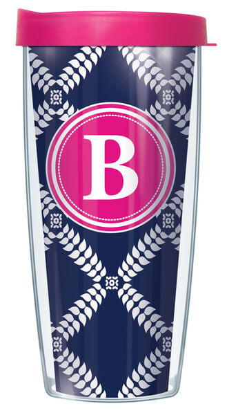 28oz Mega Tumbler - Bold Letter B on Navy Royal Diamonds w/ Pink Lid H2-ROD655LB-B