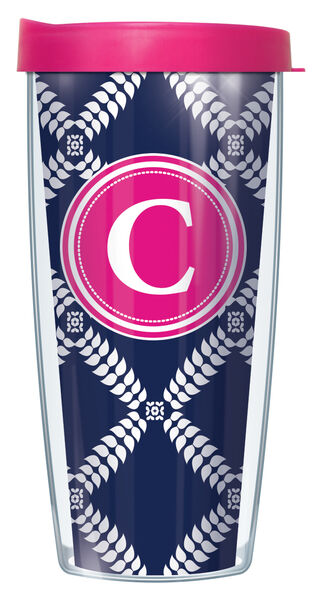 16oz Short Tumbler - Navy Royal Diamonds on Pink Initial "C" without lid 01-ROD655LB-C