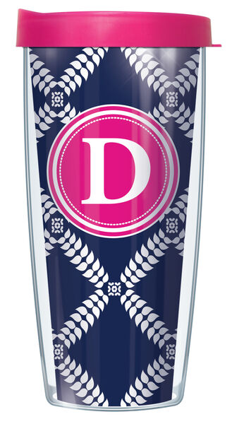 24oz Flareside Tumbler - Bold Letter D on Navy Royal Diamonds w/ Black Lid 24F-ROD655LB-D