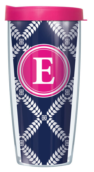 22oz Tumbler - Bold Letter E on Navy Royal Diamonds w/ Pink Lid 08-ROD655LB-E