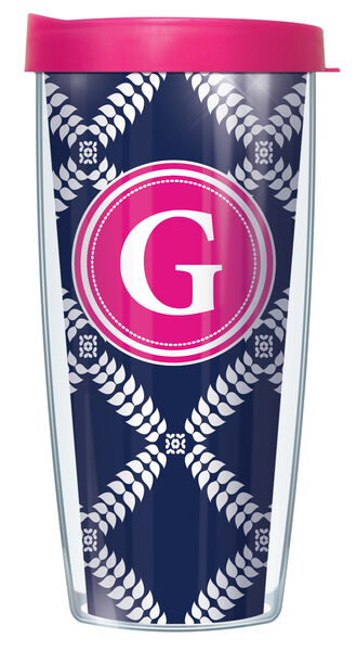 16oz Tumbler - Bold Letter G on Navy Royal Diamonds w/ Pink Lid 02-ROD655LB-G