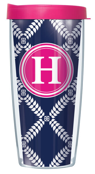 18oz Handle Mug - Bold Letter H on Navy Royal Diamonds w/ Pink Lid 06-ROD655LB-H