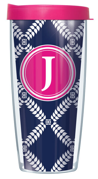 16oz Tumbler - Navy Royal Diamonds "J" Initial On Pink w/ Pink Lid 02-ROD655LB-J