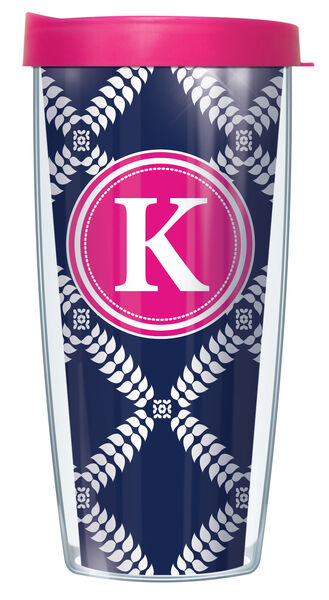 16oz Short Tumbler - Bold Letter K on Navy Royal Diamonds without lid 01-ROD655LB-K